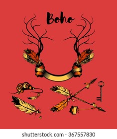 set of design elements in the style of Boho feathers heart horns