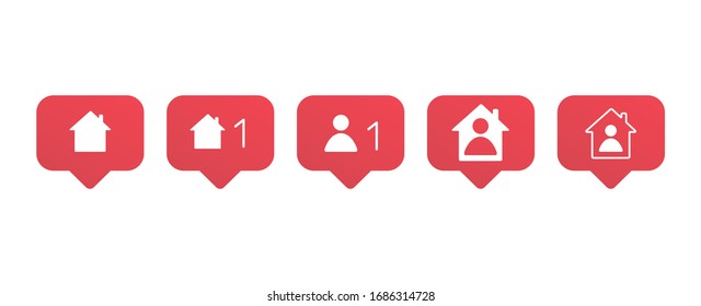 Set of design elements, stylized as social network alert icons,in support of self-isolation. Distancing measures to prevent virus spread. Stay home,social media set in support of self-isolation. EPS10