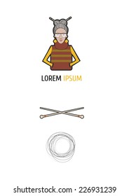 Set of design elements such as needles, clew, old fashion woman in sweater. Can be used as a logo, icon, symbol  and other web design purposes 