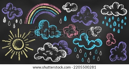 Set of Design Elements Sun, Clouds, Rain, Rainbow of Different Colors Isolated on Chalkboard Backdrop. Realistic Chalk Drawn Sketch. Kit of Textural Crayon Drawings of Sky Symbols on Blackboard.