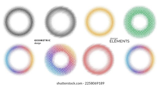 Set Design elements symbol Editable halftone frame dot circle pattern on white background. Vector illustration eps 10 frame with black random dots. Round border Icon using halftone circle dots text