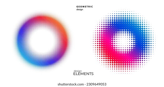 Set Design elements symbol Editable halftone frame dot circle pattern on white background. Vector illustration eps 10 frame with black random dots. Round border Icon using halftone circle dots text