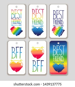 Set of design elements, tags with hand drawn phrase. Best friends. Bff. Vector illustration.