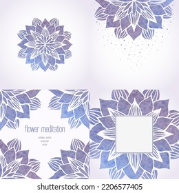 Set of design elements, templates or backgrounds, frames with watercolor floral pattern, violet flower mandala