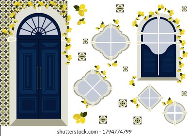 Set of design elements with traditional portuguese tiles, lemons, classic door and windows in deep blue and yellow colours