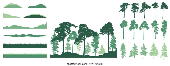 Set of design elements of trees, grass, hill. Creation of forest. Beautiful silhouettes of pine, spruce. Constructor set. Vector illustration.