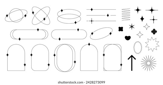 Conjunto de elementos de diseño en estilo y2k de moda. Marcos ovalados con estrellas, corazones, flechas, etc