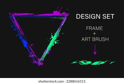 Set of design elements, triangular frame, grunge art brush. Geometric shape with copy spase, paint brush strokes, spattered paint of neon bright colors. Virtual abstract clip art