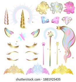 Set of design elements for a unicorn with closed eyes and a wreath of flowers with sparkles.