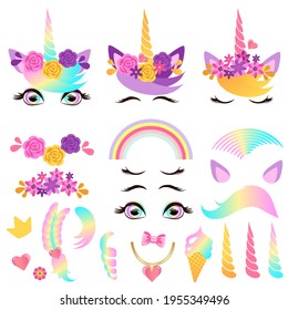 Set of design elements for a unicorn head in a wreath of flowers. Vector illustration.