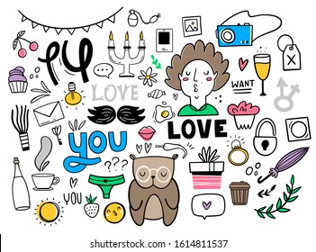 Set of design elements for Valentine's day. Traditional romantic symbols: gifts, inscriptions, drinks, toys, sweets, decorations