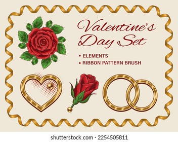 Set of design elements for Valentines day decoration with golden heart, wedding rings, ribbon, red roses Clip art.