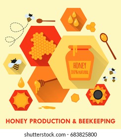 Set of design elements. Vector flat illustration of beekeeping element. Honey pot, flying bee, honeycomb, sunflower, pot, dipper stick. Eps10
