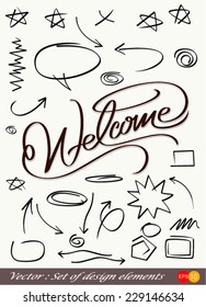 Set of design elements with welcome lettering vector.