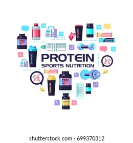 Set of design elements, which are arranged in the shape of a heart. Protein, sports nutrition, water, shaker, dumbbell, energy drinks. 