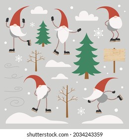 Set of design elements for winter scene with Scandinavian gnomes, ice skate, trees, piles of snow, snowflake, and clouds. Cartoon style vector illustrations.