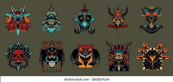 Set Design Emblem Vintage Colourful Kind of Skull and Sword Cyberpunk style Canabis and Cable Bat Peanut Smoking Monster Isolated Vector Illustration