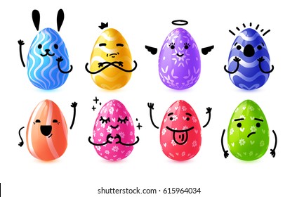 Set Design Emotional Eggs For Happy Easter. Collection Happy Of Cute Rabbit Character Easter Egg For Banner, Card, Invitation. Vector.