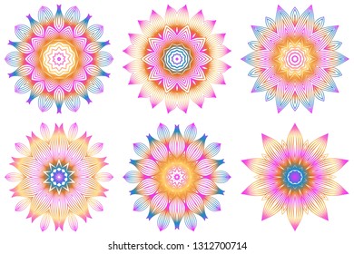 Set of Design With Floral Mandala Ornament. Vector Illustration. For Coloring Book, Greeting Card, Invitation, Tattoo. Anti-Stress Therapy Pattern. Rainbow color.