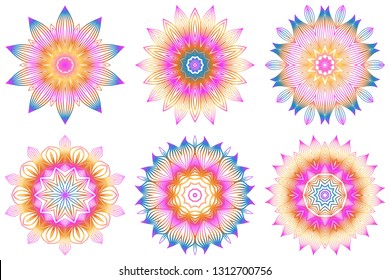 Set of Design With Floral Mandala Ornament. Vector Illustration. For Coloring Book, Greeting Card, Invitation, Tattoo. Anti-Stress Therapy Pattern. Rainbow color.
