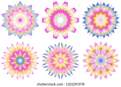 Set of Design With Floral Mandala Ornament. Vector Illustration. For Coloring Book, Greeting Card, Invitation, Tattoo. Anti-Stress Therapy Pattern. Rainbow color.