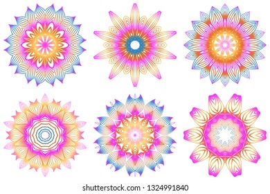 Set of Design With Floral Mandala Ornament. Vector Illustration. For Coloring Book, Greeting Card, Invitation, Tattoo. Anti-Stress Therapy Pattern. Rainbow color.
