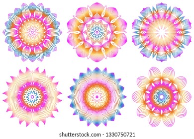 Set of Design With Floral Mandala Ornament. Vector Illustration. For Coloring Book, Greeting Card, Invitation, Tattoo. Anti-Stress Therapy Pattern. Rainbow color.