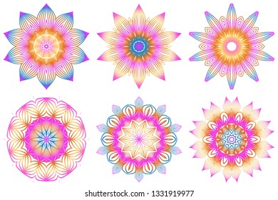 Set of Design With Floral Mandala Ornament. Vector Illustration. For Coloring Book, Greeting Card, Invitation, Tattoo. Anti-Stress Therapy Pattern. Rainbow color.