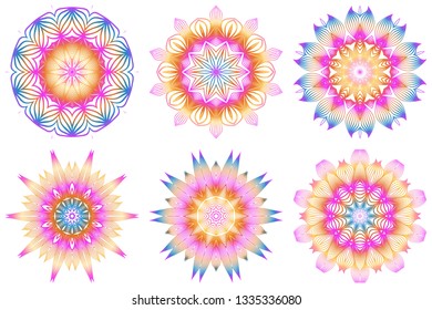 Set of Design With Floral Mandala Ornament. Vector Illustration. For Coloring Book, Greeting Card, Invitation, Tattoo. Anti-Stress Therapy Pattern. Rainbow color.