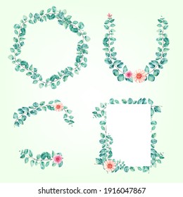 Set design frame watercolor leaf eucalyptus for wedding invitation and vintage decoration