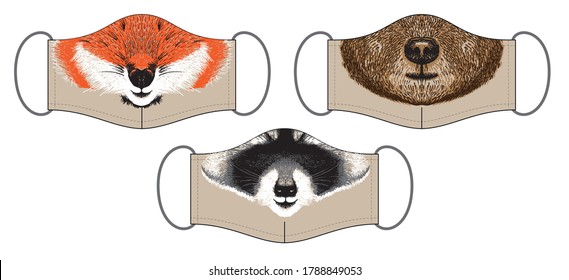 Conjunto de diseño divertido mascarillas reutilizables boca de animales de bosque. Dibujar a mano pelaje esponjoso de la cara de oso, zorro y mapache en vector.