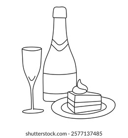 set of design glass wine champagne with slice of cake, icons drawing hand drawn vector illustrations for design t-shirt, website, invitations, card, party, birthday, menu