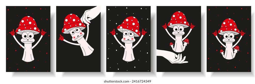 Set design greeting card with Trippy Toadstool on black background. Cartoon Mushroom. Vector illustration can used t-shirt print, web and social media banner. Christmas postcard. XMAS card. EPS 10