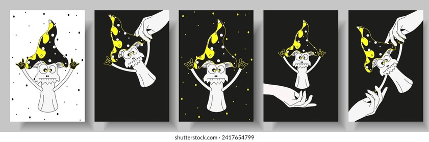 Set design greeting card with Trippy Neon Toadstool on black backdrop. Cartoon Mushroom. Vector illustration for  t-shirt print, web and social media banner. Halloween postcard. Christmas card EPS 10 