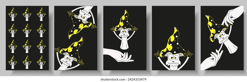 Set design greeting card with Trippy Neon Toadstool on black background. Cartoon Mushroom. Vector illustration can used t-shirt print, web and social media banner. Halloween postcard. XMAS card EPS 10