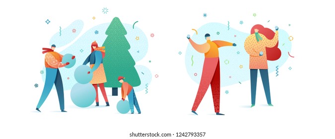 Set Design happy new year illustration young character. Cute flat people for christmas banner in modern style. Happy holiday girl and man illustration. Concept isolated female and male poses. Vector