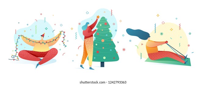 Set Design happy new year illustration young character. Cute flat people for christmas banner in modern style. Happy holiday girl and man illustration. Concept isolated female and male poses. Vector
