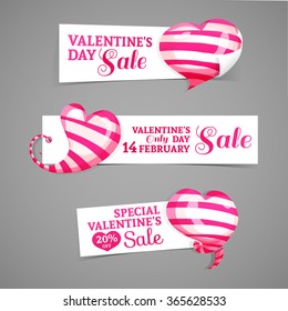 Set design of horizontal banners, emblems, badges with the decor of pink striped 3d hearts. Good for Valentine's Day discounts, offers sales. Vector.