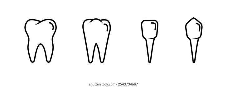 set design of human teeth, incisors, canines, premolars, molars. simple outline style. editable vector eps 10.