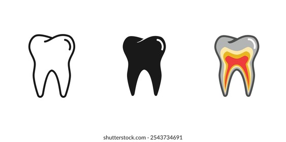 set design of human teeth, incisors, canines, premolars, molars. simple outline , solid and color style. editable vector eps 10.