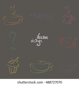 
Set of design icons for cafe or restaurant menu. Minimalist elements of kitchen utensils on a gray background. It can be used in the design of packaging, brochures, logos, etc.