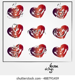 Set of design icons for cafe or restaurant menu. Minimalist elements of kitchen utensils against a background of heart. It can be used in the design of packaging, brochures, logos, etc.
