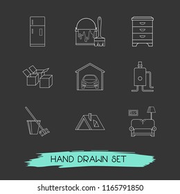 Set of design icons line style symbols with bedside table, boxes, garage and other icons for your web mobile app logo design.