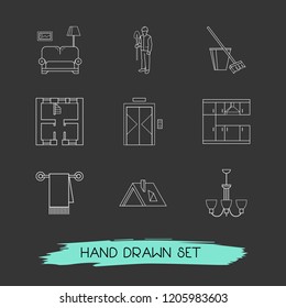 Set of design icons line style symbols with chandelier, kitchen, cleaning icons for your web mobile app logo design.