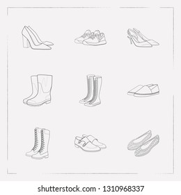 Set of design icons line style symbols with espadrille shoes, gumboots, trainer shoes and other icons for your web mobile app logo design.
