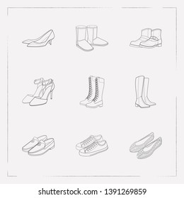 Set of design icons line style symbols with frye boots, kitten heel shoes, loafers and other icons for your web mobile app logo design.