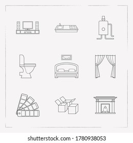 Set of design icons line style symbols with bedroom, color swatch, heating system and other icons for your web mobile app logo design.