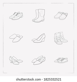 Set von Design-Icons Linie Stilsymbole mit Keil-Turnschuhen, Lappen, Pump-Schuhen und anderen Icons für Ihr Web Mobile App Logo.