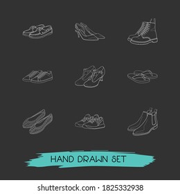 Set of design icons line style symbols with t-strap shoes, docksides, slingbacks and other icons for your web mobile app logo design.