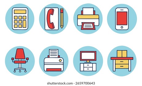 Conjunto de ícones de design que representam o espaço de trabalho do office e elementos de negócios